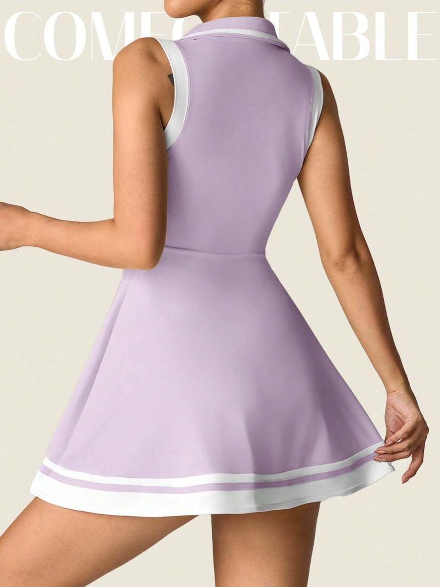 Women's Sleeveless Polo Collar Sports Dress With Pockets Casual Tee Shirt Style Yoga Workout Slim Fit Running Fitness Outfit