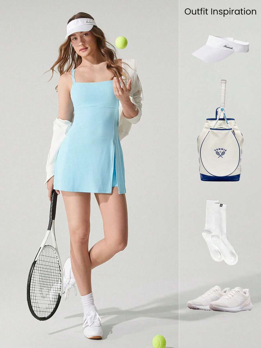 Women's Quick Dry Twist Back Active Dress With Built In Shorts Side Pockets Front Slit Casual Tennis Golf Pickleball Gym Outfit