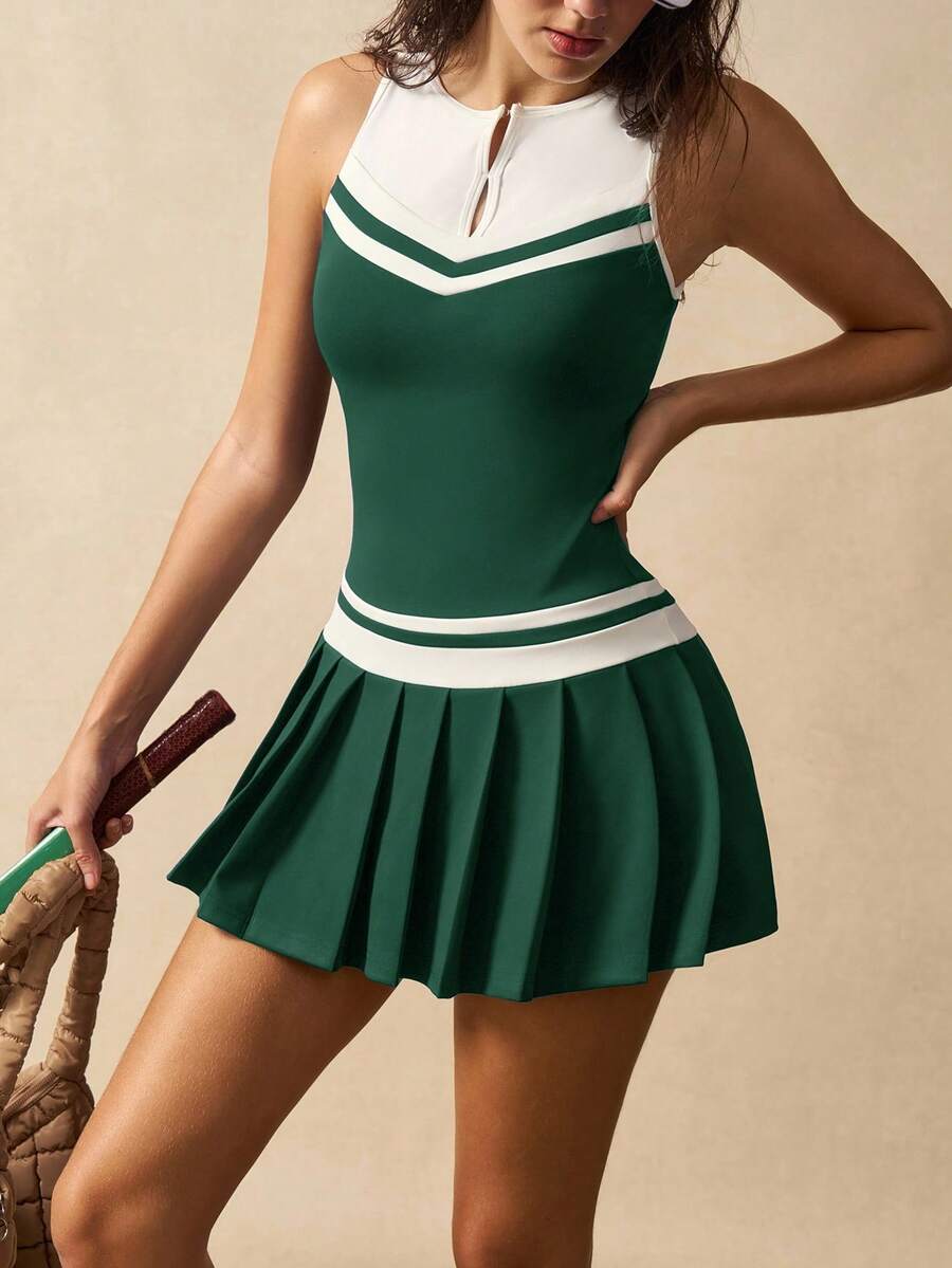 Women's Striped V Neck Sleeveless Pleated Hem Sports Dress Casual Fitness Outfit Tennis Gym Workout Summer Activewear Clothing
