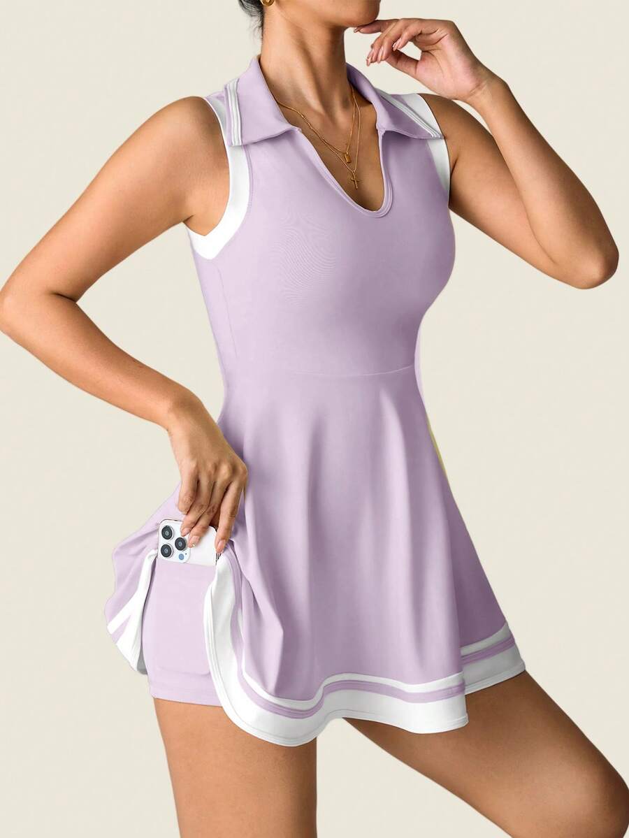Women's Sleeveless Polo Collar Sports Dress With Pockets Casual Tee Shirt Style Yoga Workout Slim Fit Running Fitness Outfit