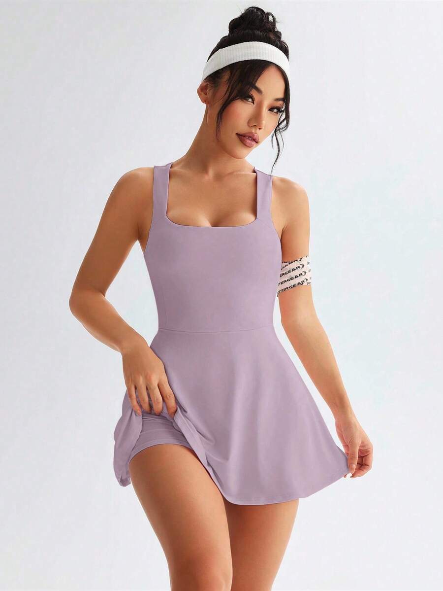 Women's Solid Color Cross Back Sports Dress Casual Activewear Workout Tennis Gym Outfit Slim Fit Athletic Dress For Women
