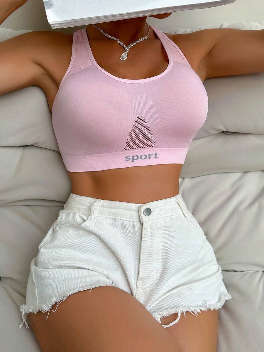 Women's Letter Print Sports Bra With Racerback Design Seamless Gym Top Casual Workout Tank Top Fitness Activewear For Women