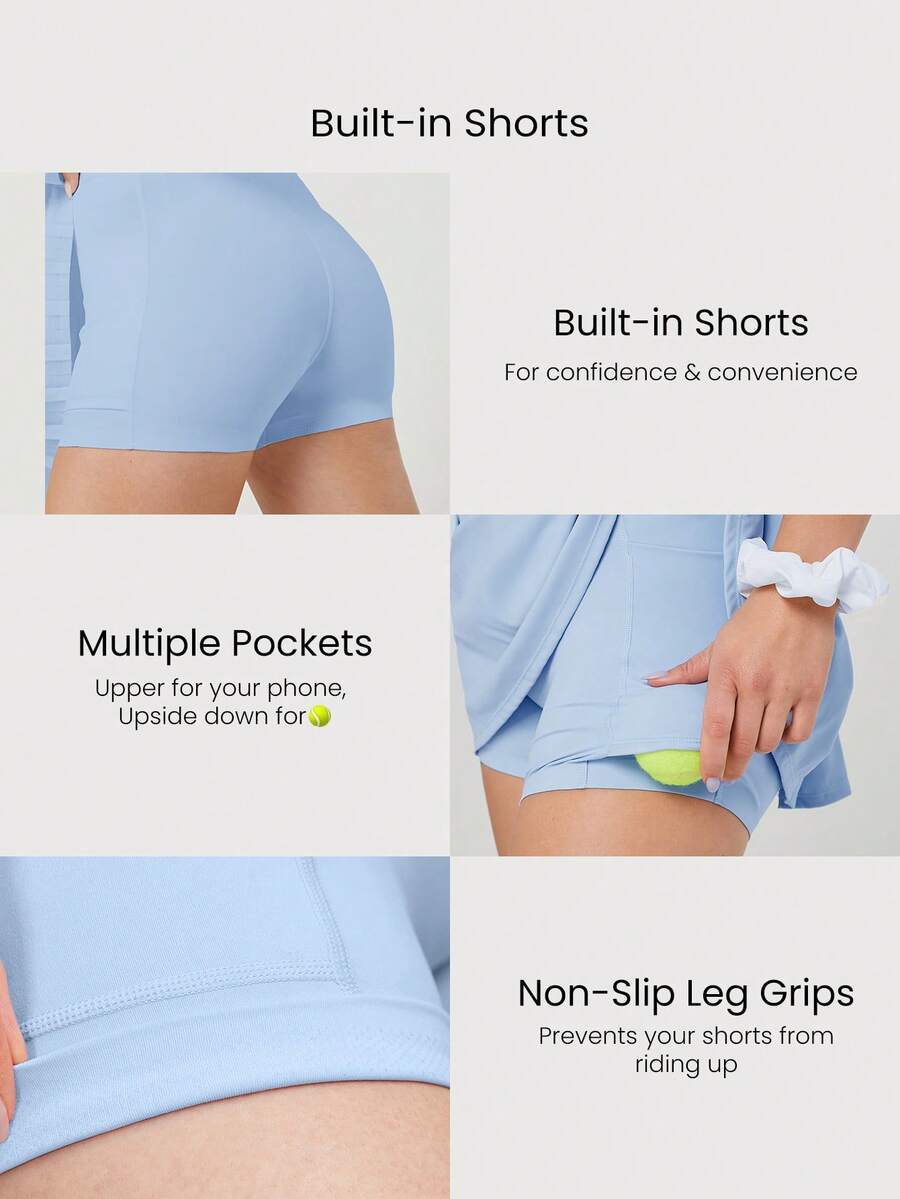 Women's Quick Dry Tennis Dress With Built In Shorts Side Pockets Square Neck Anti Slip Straps Gym Workout Golf Casual Outfit