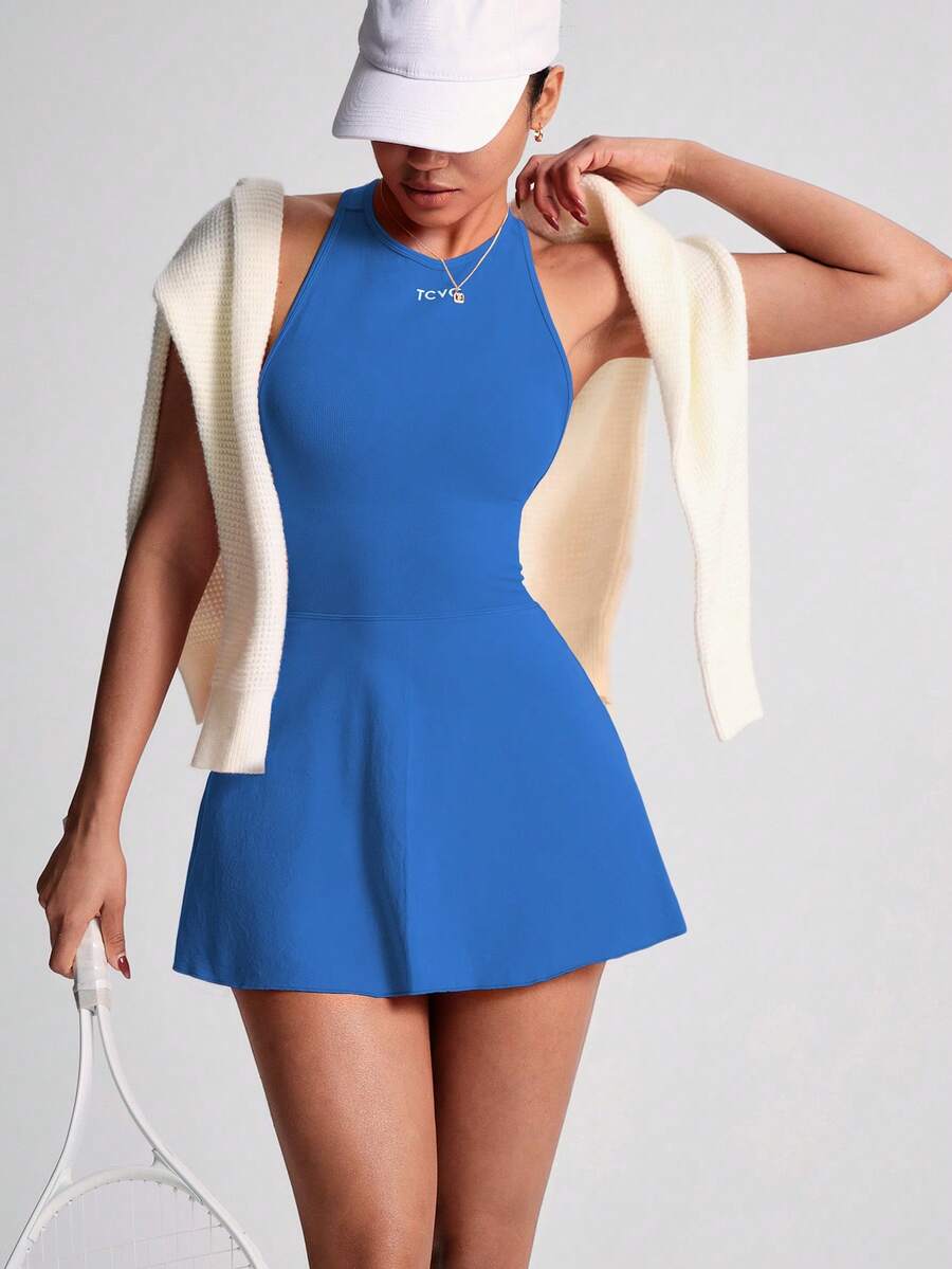 Women's Sleeveless Crisscross Back Tennis Dress With Built In Shorts Round Neck Active Sports Dress Workout Fitness Outfit