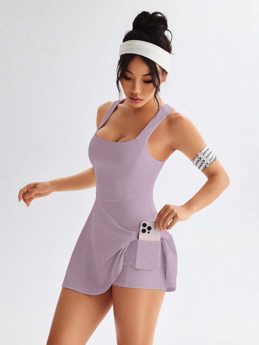 Women's Solid Color Cross Back Sports Dress Casual Activewear Workout Tennis Gym Outfit Slim Fit Athletic Dress For Women