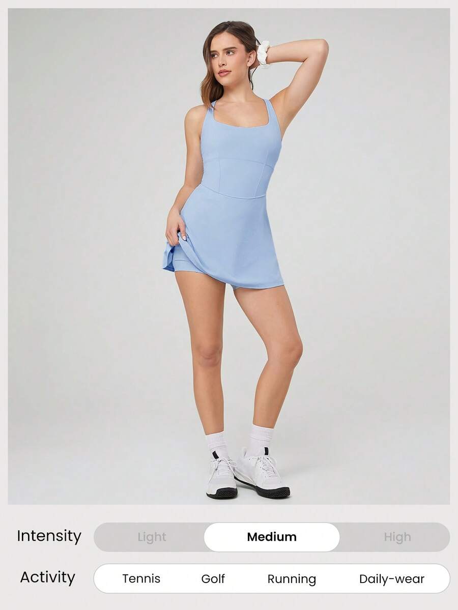 Women's Quick Dry Tennis Dress With Built In Shorts Side Pockets Square Neck Anti Slip Straps Gym Workout Golf Casual Outfit