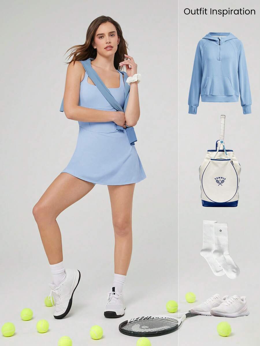 Women's Quick Dry Tennis Dress With Built In Shorts Side Pockets Square Neck Anti Slip Straps Gym Workout Golf Casual Outfit