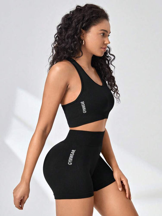 Women's Crisscross Back Letter Graphic Sports Set Workout Activewear Set Casual Gym Outfit Yoga Fitness Matching Set For Women