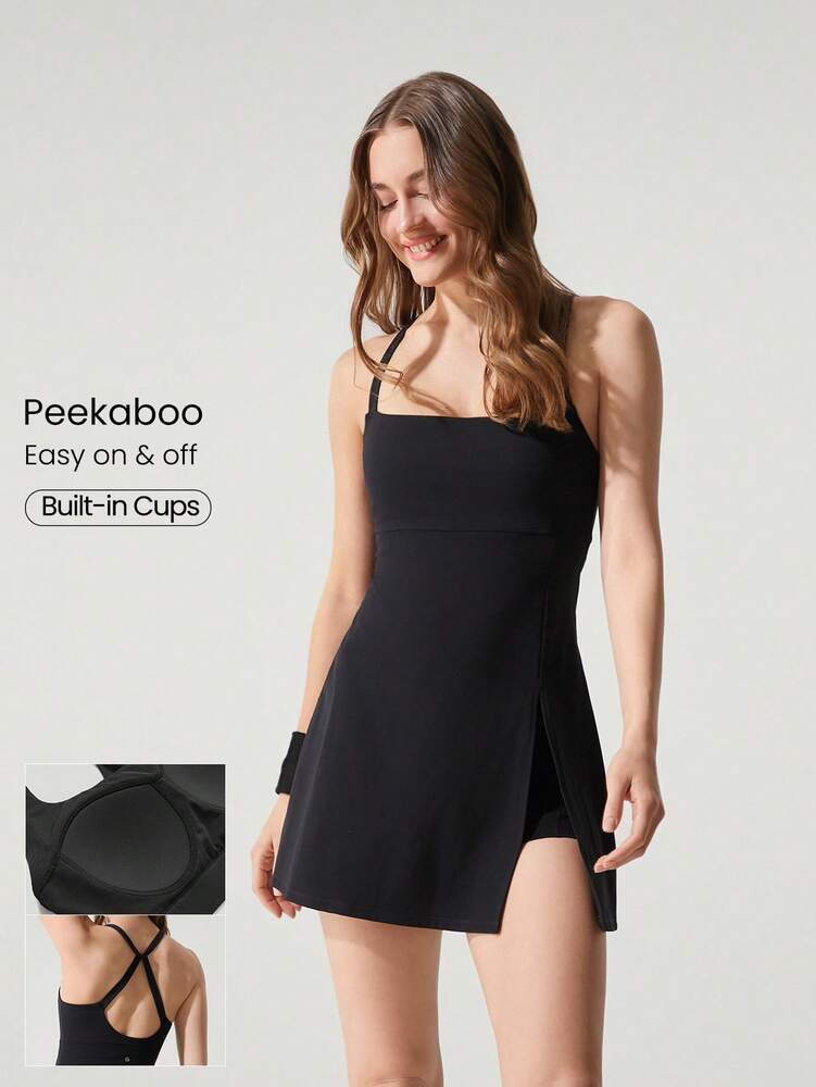 Women's Quick Dry Twist Back Active Dress With Built In Shorts Side Pockets Front Slit Casual Tennis Golf Pickleball Gym Outfit