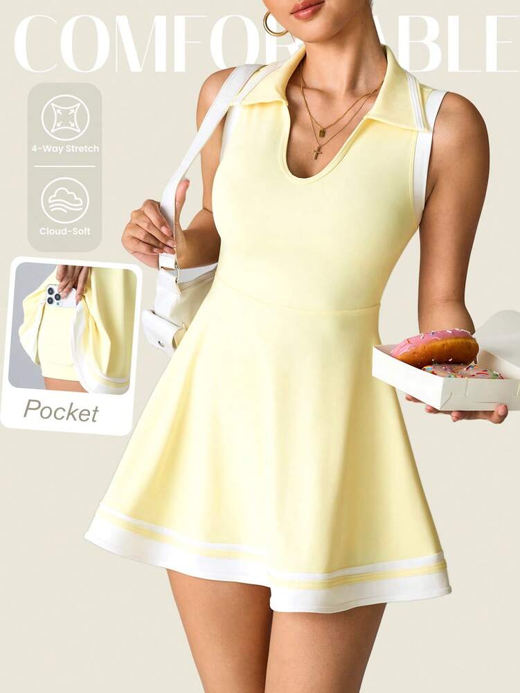Women's Sleeveless Polo Collar Sports Dress With Pockets Casual Tee Shirt Style Yoga Workout Slim Fit Running Fitness Outfit