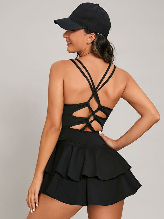 Women's Crisscross Back Ruched Hem Sports Dress Activewear Outfit Casual Gym Workout Tennis Fitness Dress With Built In Shorts