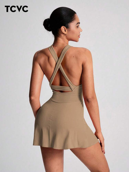 Women's Sleeveless Crisscross Back Tennis Dress With Built In Shorts Round Neck Active Sports Dress Workout Fitness Outfit