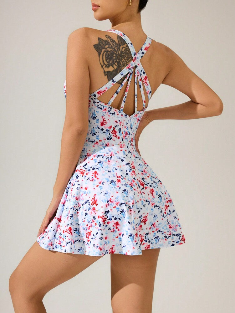 Women's Mini Ditsy Floral Halter Neck Sports Dress Casual Activewear Athletic Outfit Summer Tennis Dress Workout Fitness Clothing