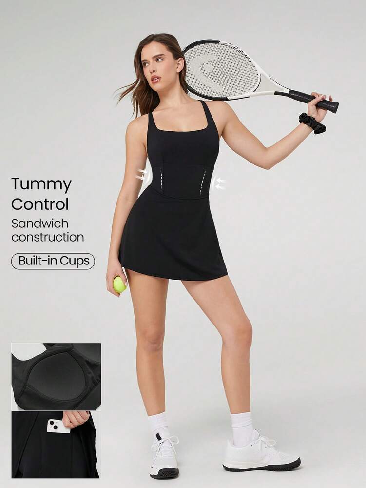 Women's Quick Dry Tennis Dress With Built In Shorts Side Pockets Square Neck Anti Slip Straps Gym Workout Golf Casual Outfit