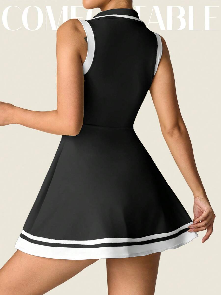 Women's Sleeveless Polo Collar Sports Dress With Pockets Casual Tee Shirt Style Yoga Workout Slim Fit Running Fitness Outfit