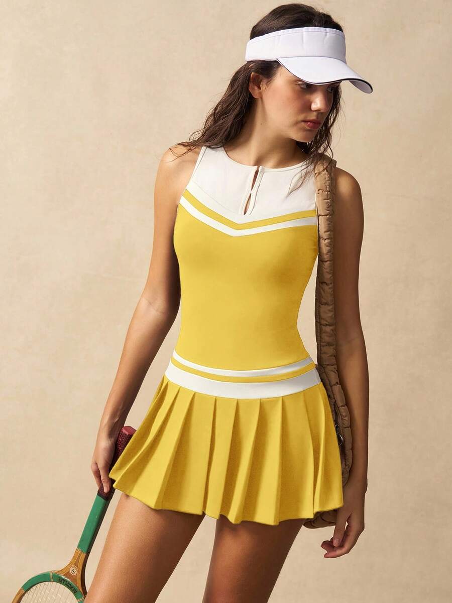 Women's Striped V Neck Sleeveless Pleated Hem Sports Dress Casual Fitness Outfit Tennis Gym Workout Summer Activewear Clothing