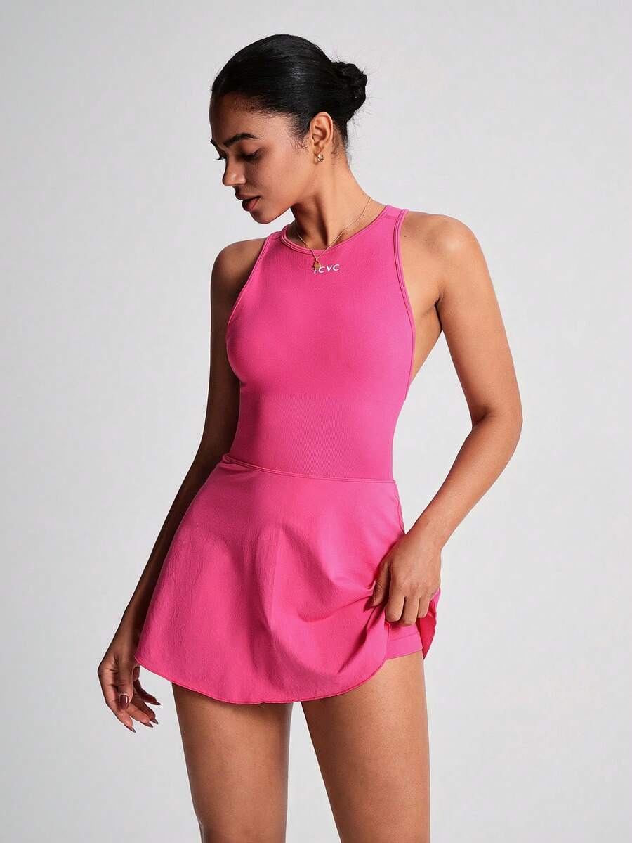 Women's Sleeveless Crisscross Back Tennis Dress With Built In Shorts Round Neck Active Sports Dress Workout Fitness Outfit
