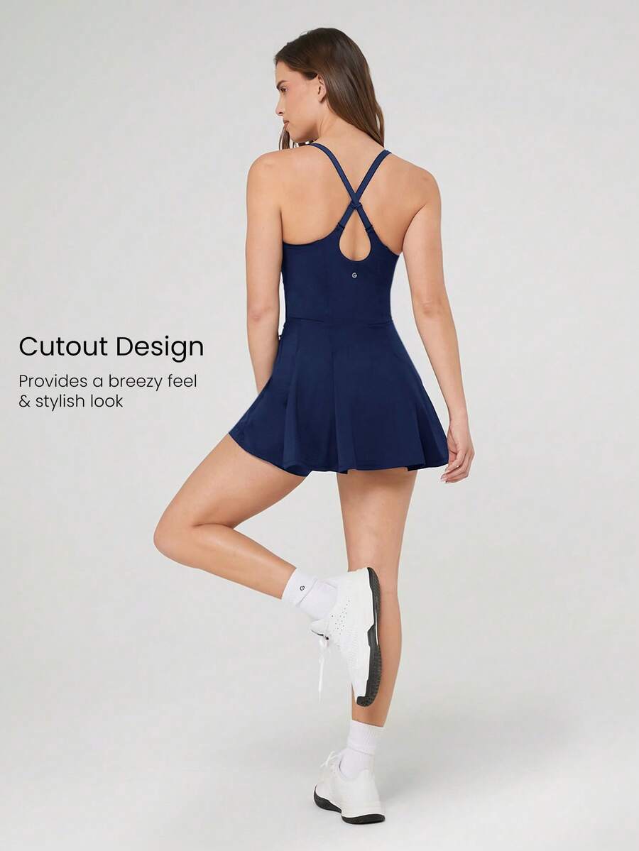 Women's Quick Dry Tennis Dress With Built In Shorts Side Pockets Square Neck Anti Slip Straps Gym Workout Golf Casual Outfit