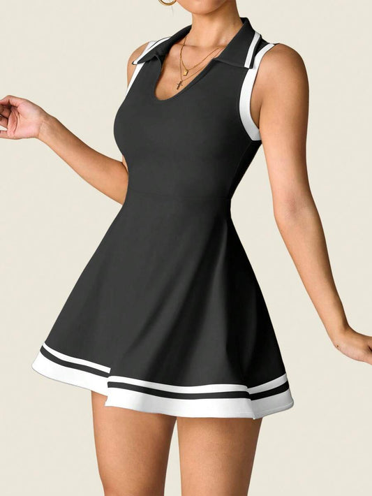 Women's Sleeveless Polo Collar Sports Dress With Pockets Casual Tee Shirt Style Yoga Workout Slim Fit Running Fitness Outfit