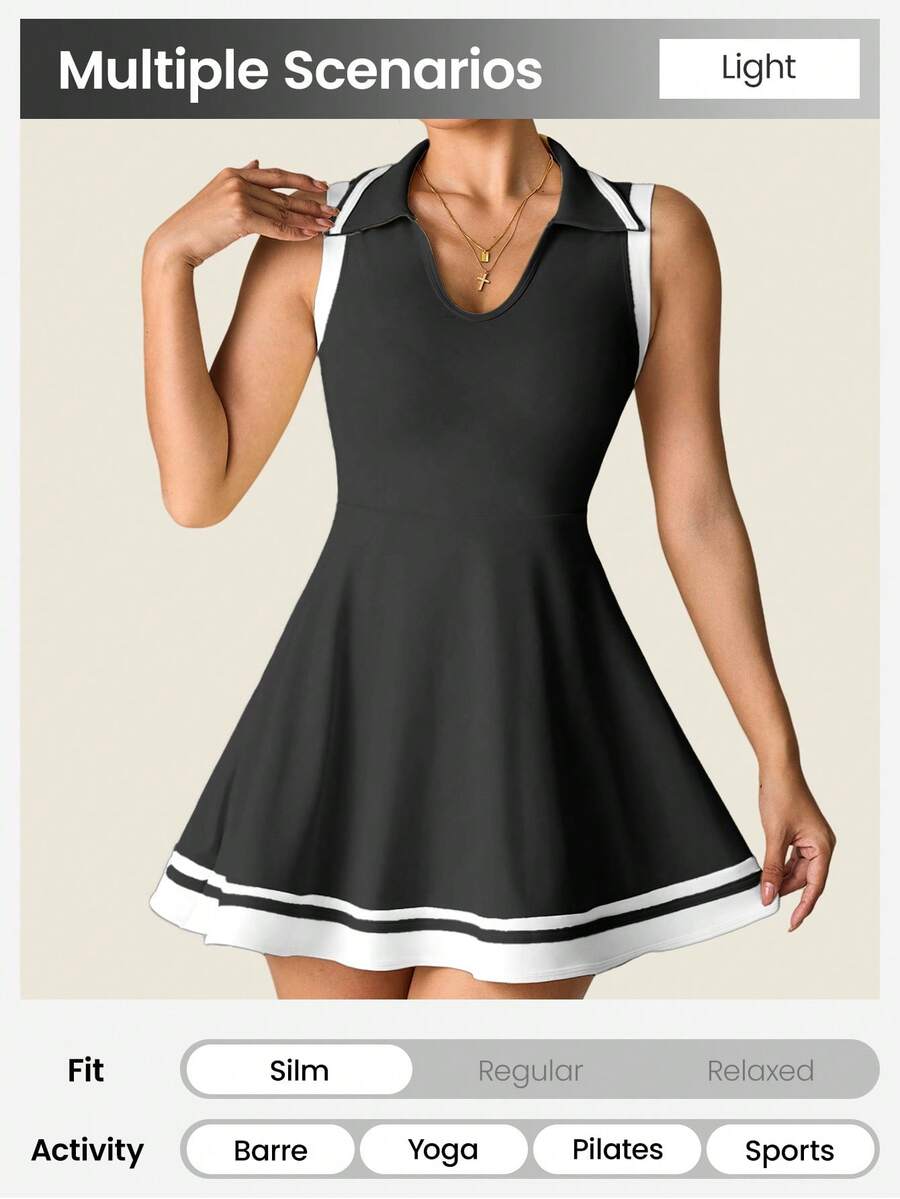 Women's Sleeveless Polo Collar Sports Dress With Pockets Casual Tee Shirt Style Yoga Workout Slim Fit Running Fitness Outfit