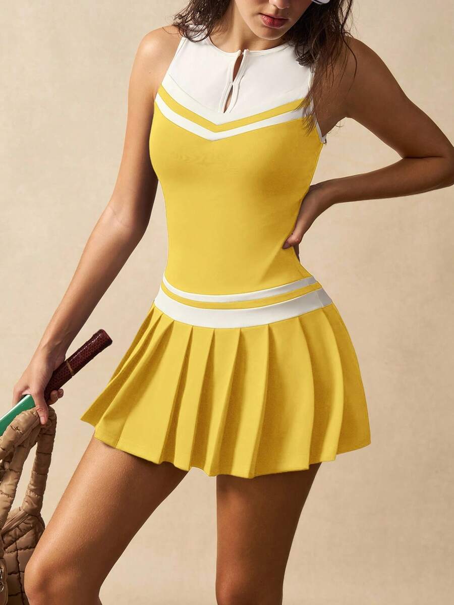 Women's Striped V Neck Sleeveless Pleated Hem Sports Dress Casual Fitness Outfit Tennis Gym Workout Summer Activewear Clothing