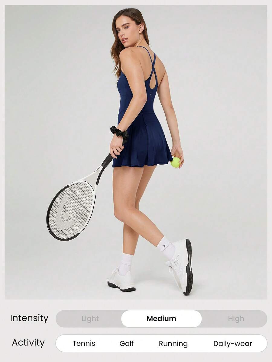 Women's Quick Dry Tennis Dress With Built In Shorts Side Pockets Square Neck Anti Slip Straps Gym Workout Golf Casual Outfit