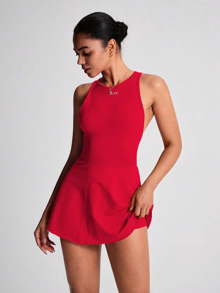 Women's Sleeveless Crisscross Back Tennis Dress With Built In Shorts Round Neck Active Sports Dress Workout Fitness Outfit