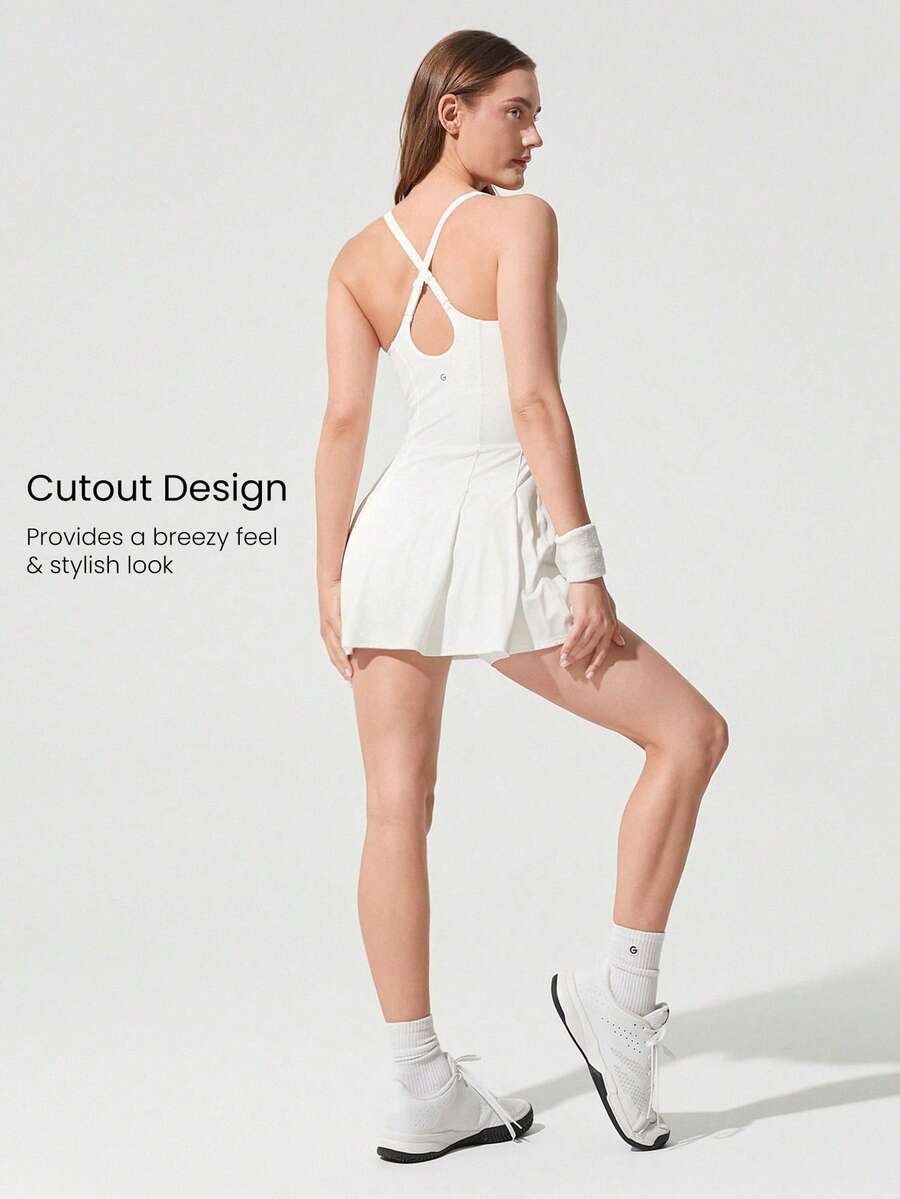 Women's Quick Dry Tennis Dress With Built In Shorts Side Pockets Square Neck Anti Slip Straps Gym Workout Golf Casual Outfit