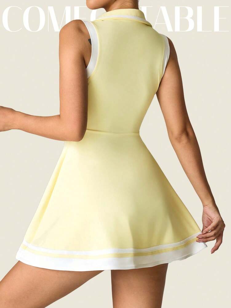 Women's Sleeveless Polo Collar Sports Dress With Pockets Casual Tee Shirt Style Yoga Workout Slim Fit Running Fitness Outfit