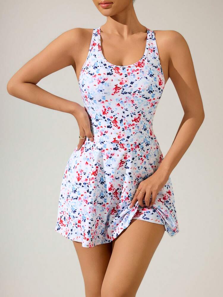 Women's Mini Ditsy Floral Halter Neck Sports Dress Casual Activewear Athletic Outfit Summer Tennis Dress Workout Fitness Clothing