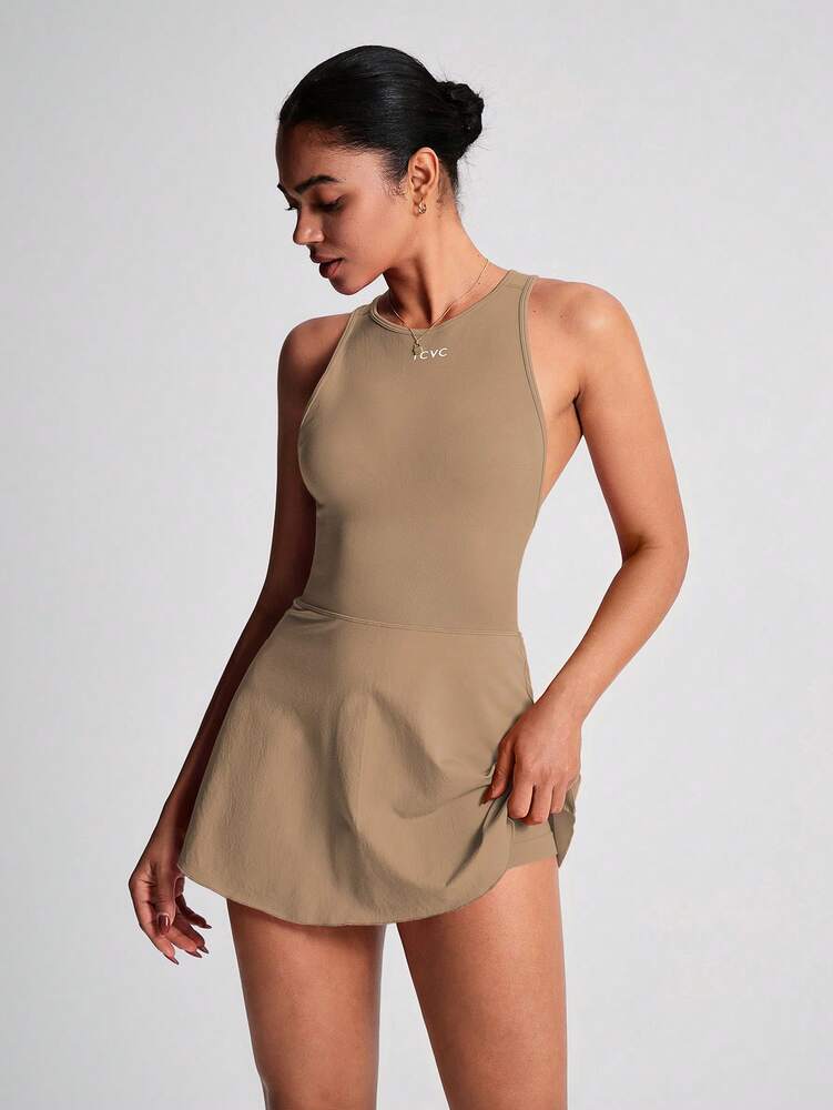 Women's Sleeveless Crisscross Back Tennis Dress With Built In Shorts Round Neck Active Sports Dress Workout Fitness Outfit