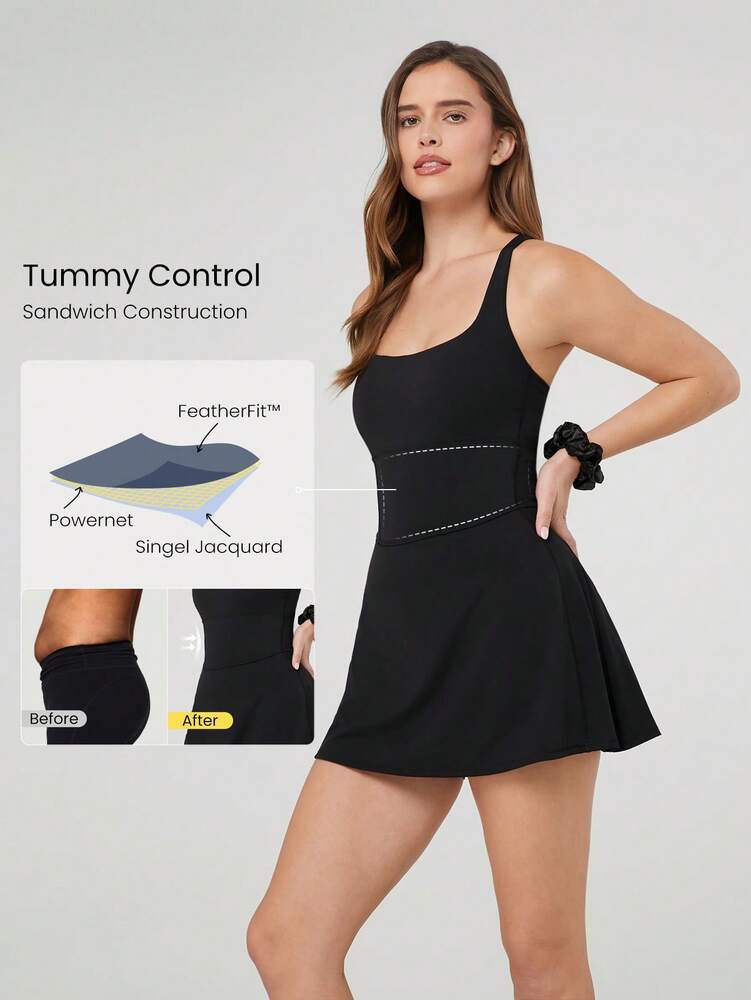 Women's Quick Dry Tennis Dress With Built In Shorts Side Pockets Square Neck Anti Slip Straps Gym Workout Golf Casual Outfit