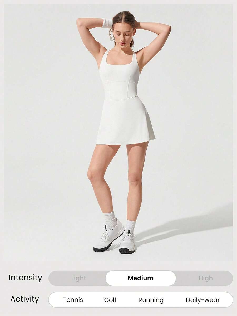 Women's Quick Dry Tennis Dress With Built In Shorts Side Pockets Square Neck Anti Slip Straps Gym Workout Golf Casual Outfit