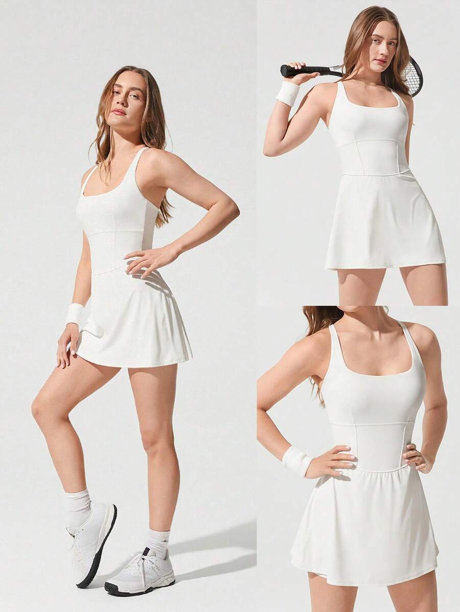 Women's Quick Dry Tennis Dress With Built In Shorts Side Pockets Square Neck Anti Slip Straps Gym Workout Golf Casual Outfit