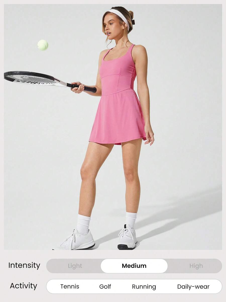 Women's Quick Dry Tennis Dress With Built In Shorts Side Pockets Square Neck Anti Slip Straps Gym Workout Golf Casual Outfit