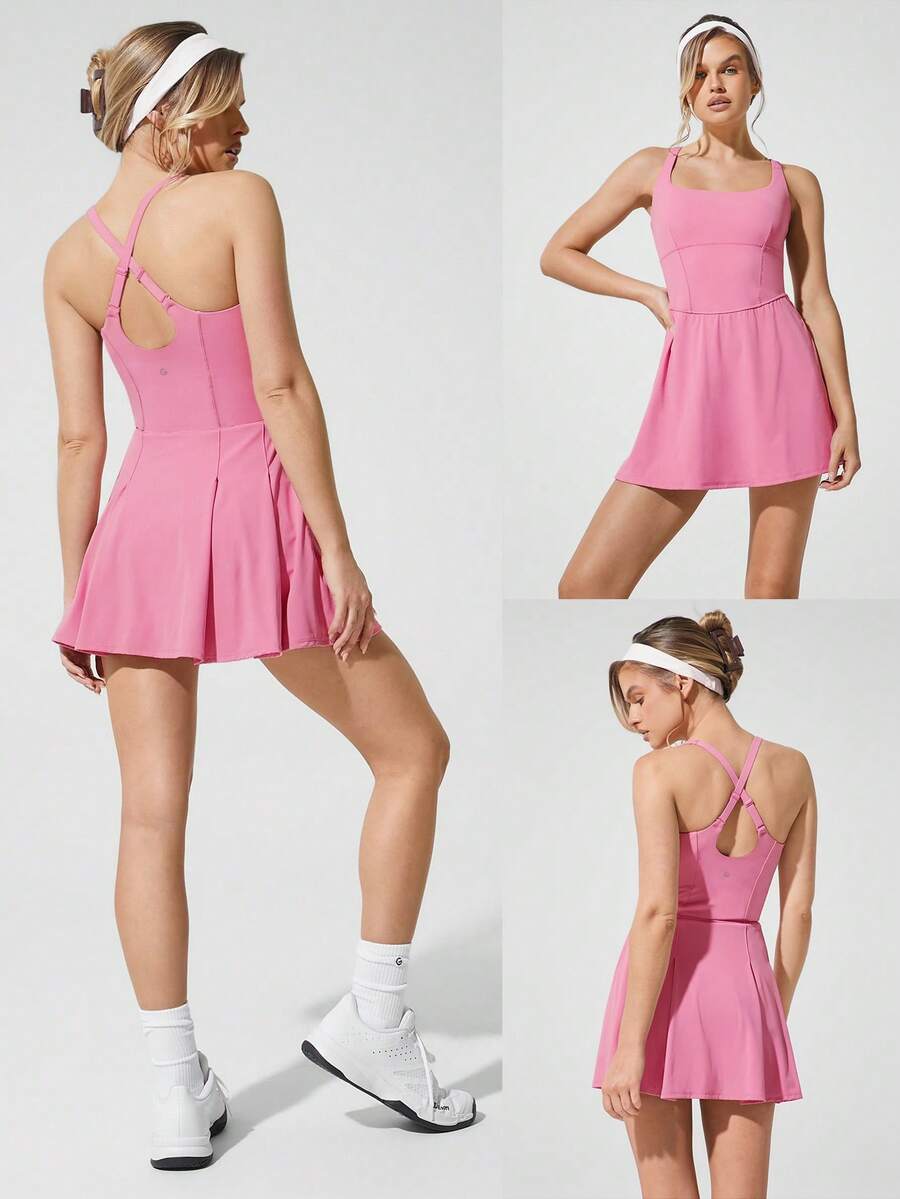 Women's Quick Dry Tennis Dress With Built In Shorts Side Pockets Square Neck Anti Slip Straps Gym Workout Golf Casual Outfit