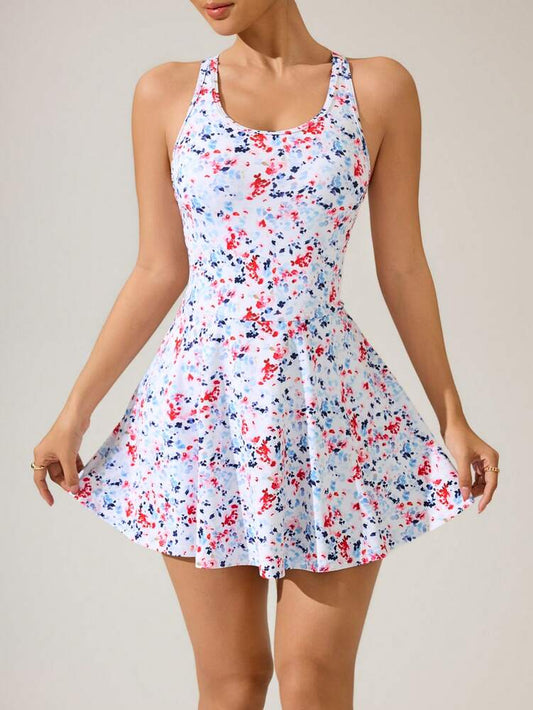 Women's Mini Ditsy Floral Halter Neck Sports Dress Casual Activewear Athletic Outfit Summer Tennis Dress Workout Fitness Clothing