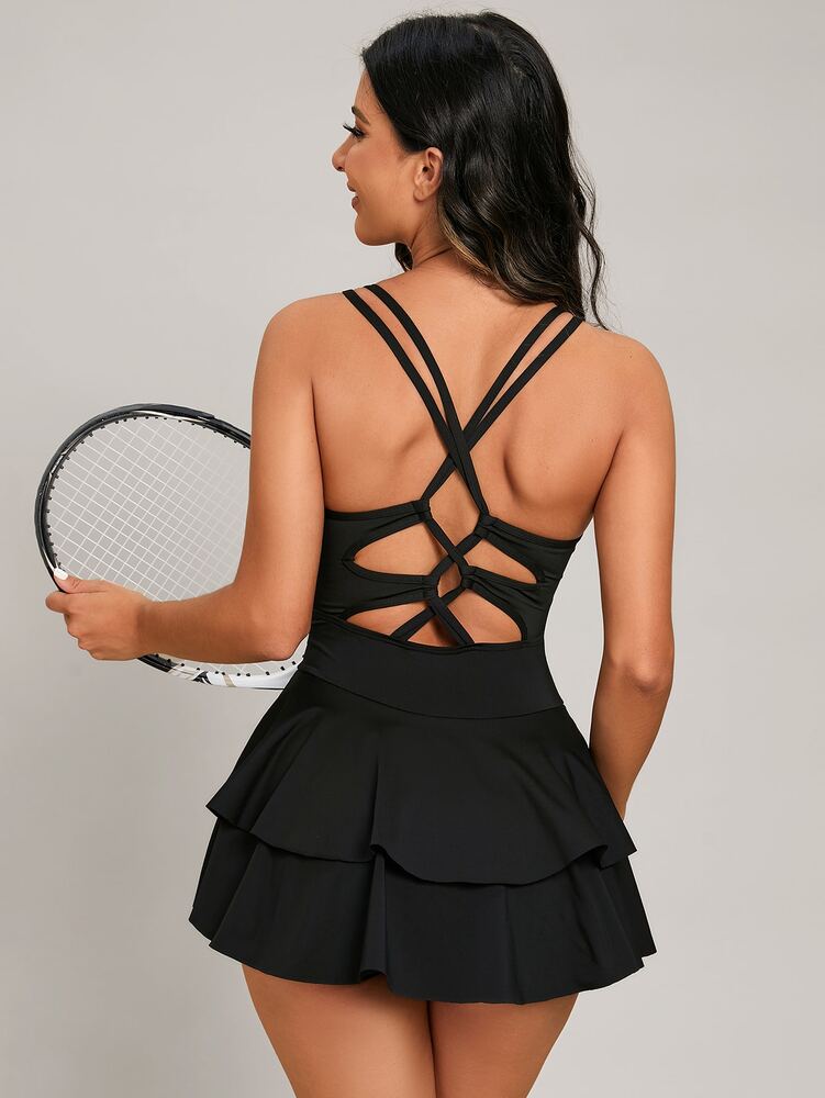 Women's Crisscross Back Ruched Hem Sports Dress Activewear Outfit Casual Gym Workout Tennis Fitness Dress With Built In Shorts