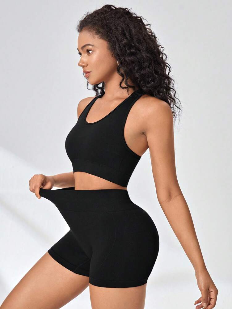 Women's Crisscross Back Letter Graphic Sports Set Workout Activewear Set Casual Gym Outfit Yoga Fitness Matching Set For Women
