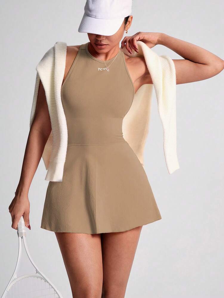 Women's Sleeveless Crisscross Back Tennis Dress With Built In Shorts Round Neck Active Sports Dress Workout Fitness Outfit