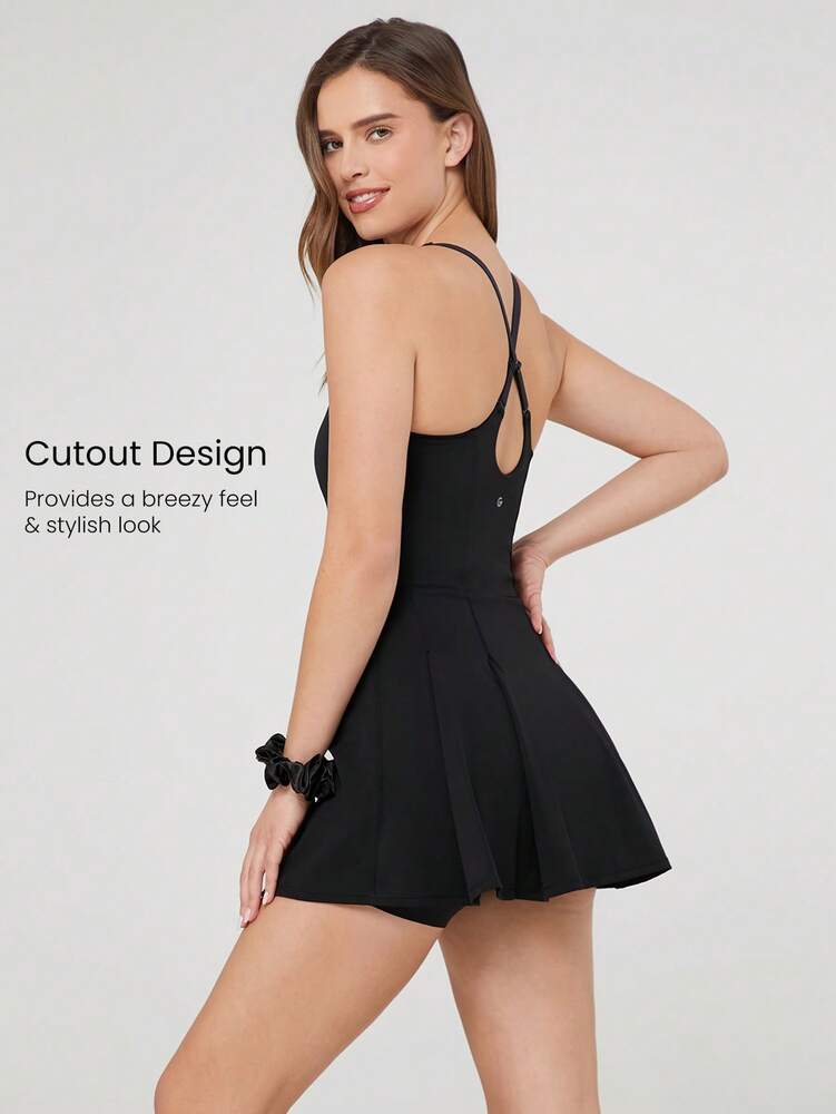 Women's Quick Dry Tennis Dress With Built In Shorts Side Pockets Square Neck Anti Slip Straps Gym Workout Golf Casual Outfit