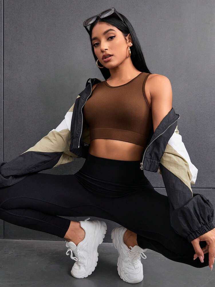 Women's Rib Knit Short Sports Tank Top Fitted Gym Shirt Studio Activewear Casual Workout Sleeveless Crop Top For Yoga Fitness