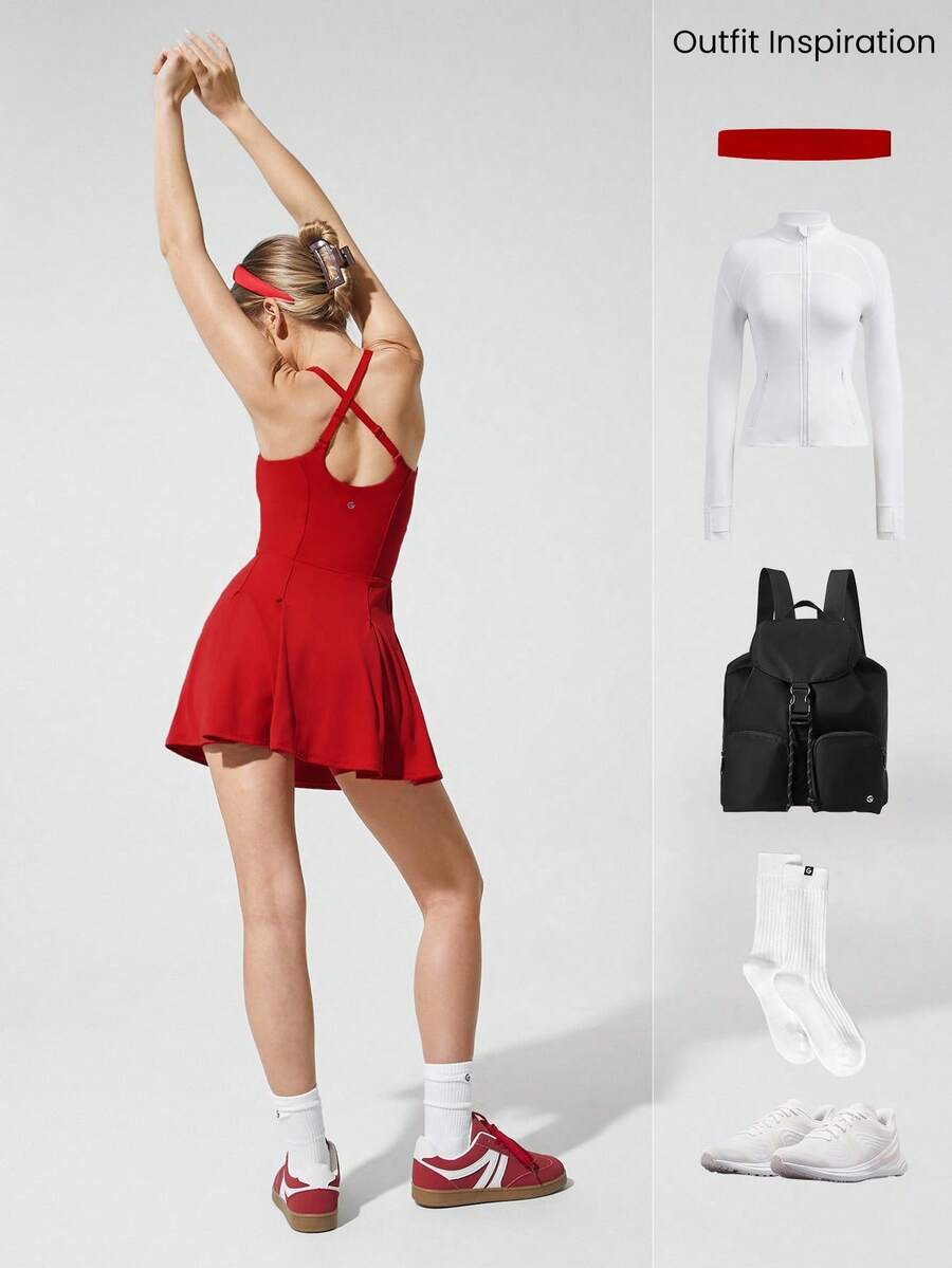 Women's Quick Dry Tennis Dress With Built In Shorts Side Pockets Square Neck Anti Slip Straps Gym Workout Golf Casual Outfit