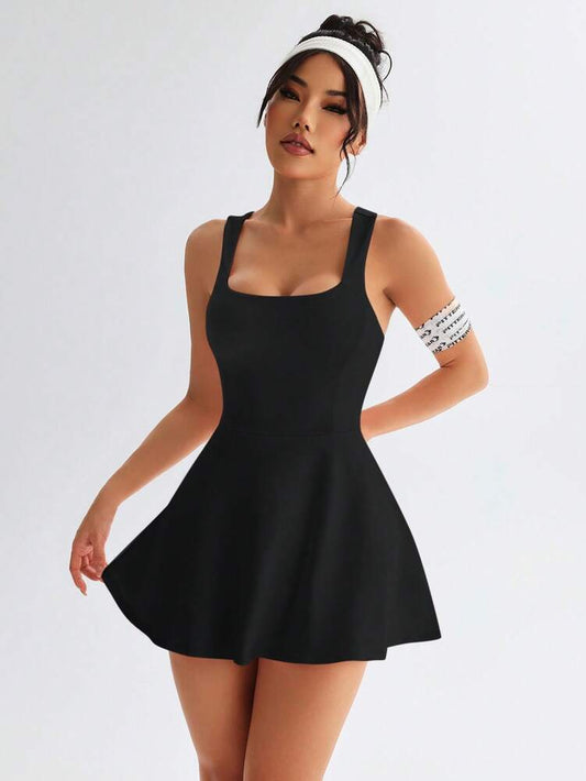 Women's Solid Color Cross Back Sports Dress Casual Activewear Workout Tennis Gym Outfit Slim Fit Athletic Dress For Women