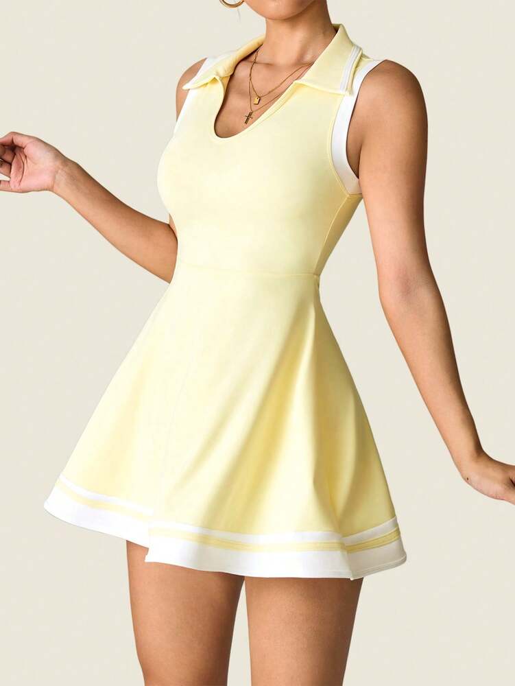 Women's Sleeveless Polo Collar Sports Dress With Pockets Casual Tee Shirt Style Yoga Workout Slim Fit Running Fitness Outfit