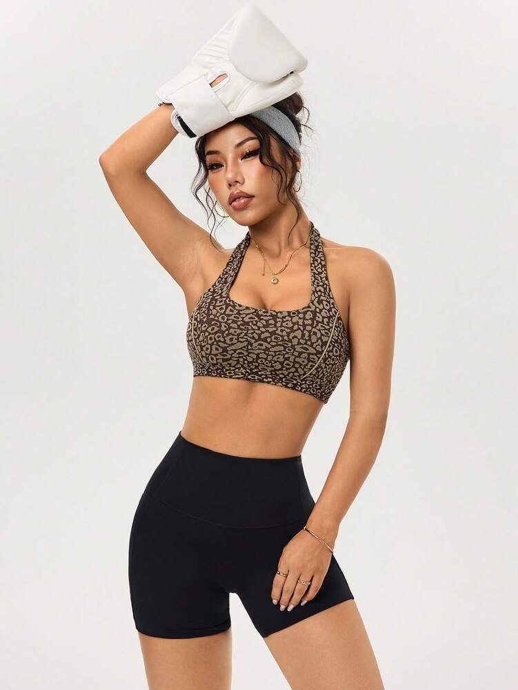 Women's Seamless Leopard Print Jacquard Sports Bra High Elasticity Workout Gym Top Activewear Comfortable Fitness Tank Bra
