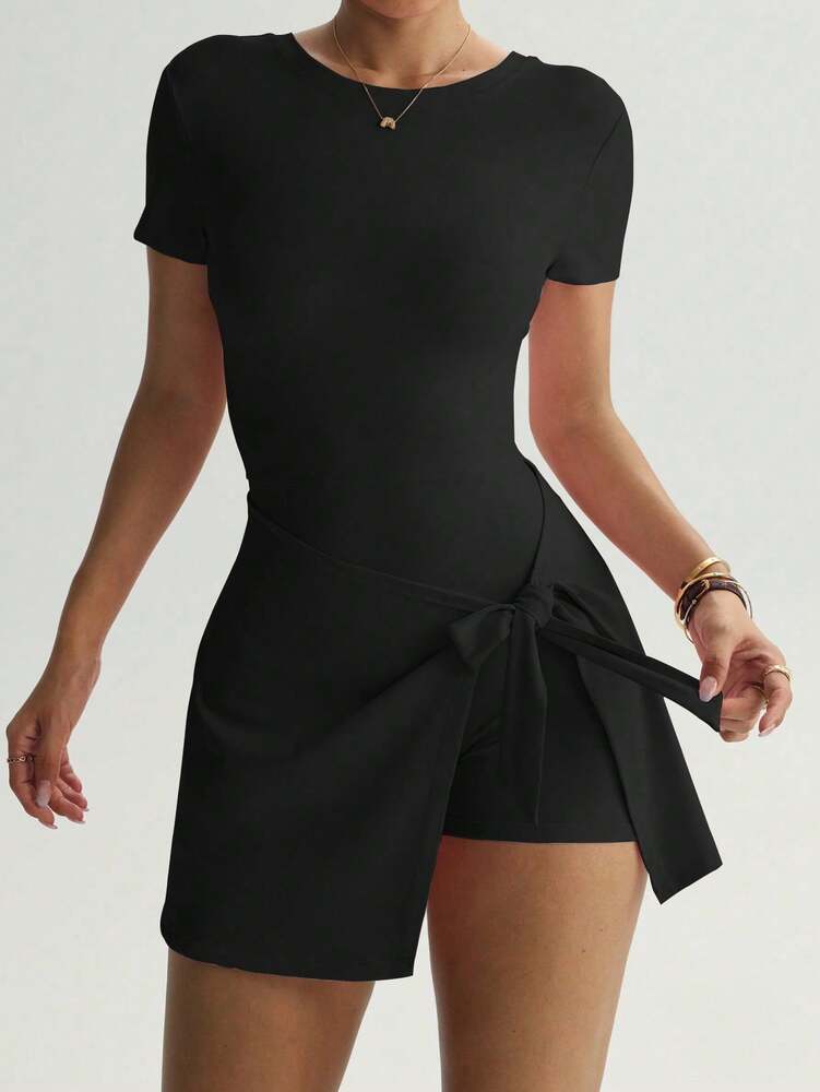 Women's Short Sleeve Backless Workout Dress With Tummy Control Slimming Design Casual Yoga Running Tennis Fitness Athletic Outfit