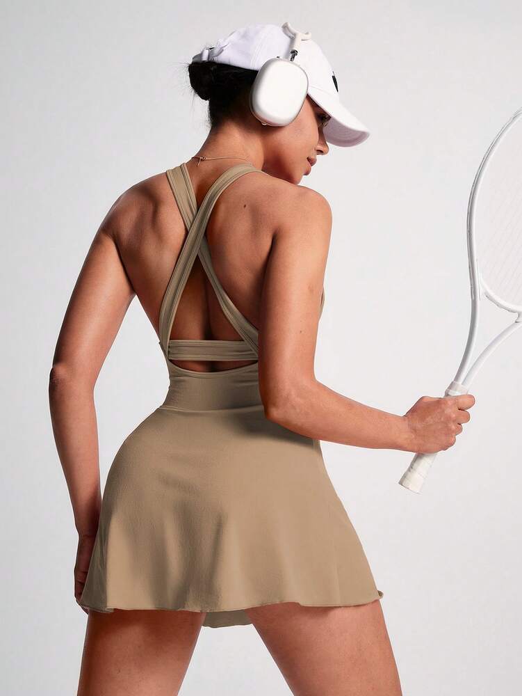 Women's Sleeveless Crisscross Back Tennis Dress With Built In Shorts Round Neck Active Sports Dress Workout Fitness Outfit
