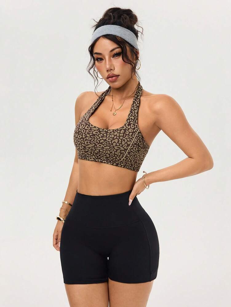 Women's Seamless Leopard Print Jacquard Sports Bra High Elasticity Workout Gym Top Activewear Comfortable Fitness Tank Bra