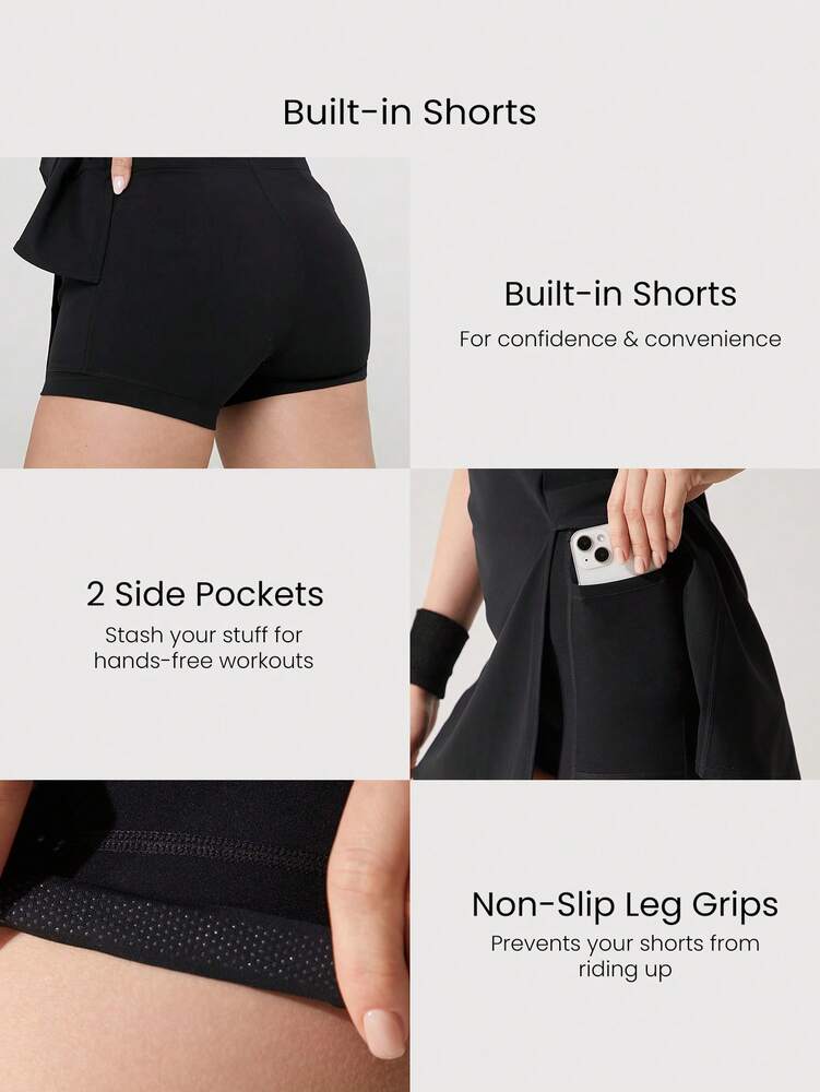 Women's Quick Dry Twist Back Active Dress With Built In Shorts Side Pockets Front Slit Casual Tennis Golf Pickleball Gym Outfit